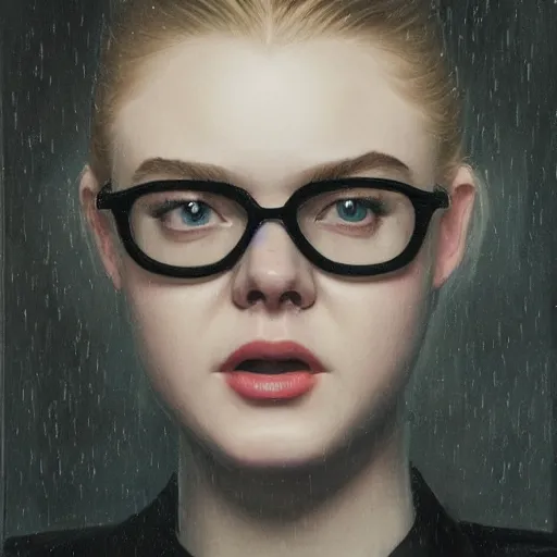 Prompt: Elle Fanning wearing black shades in the style of Paola Vetri, head and shoulders portrait, stormy weather, extremely detailed masterpiece, oil on canvas, low-key neon lighting, artstation, Blade Runner 2049, Roger Deakin’s cinematography, by J. C. Leyendecker and Peter Paul Rubens and Edward Hopper and Michael Sowa,