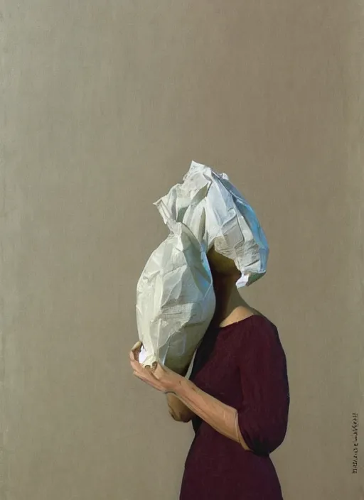 Image similar to woman in dress made from plastic bag with paper bags for clothes standing inside paper bags with paper bag over the head at store display Edward Hopper and James Gilleard, Zdzislaw Beksinski, highly detailed