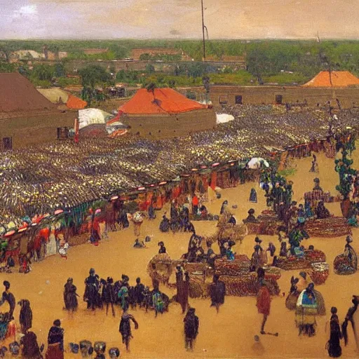 Prompt: dahomey officials with completely flat colorful umbrellas in ahomey's huge main square, from above, 1905, highly detailed, oil on canvas, by ilya repin