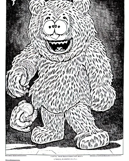 Image similar to a care bear as a d & d monster, pen - and - ink illustration, etching, by russ nicholson, david a trampier, larry elmore, 1 9 8 1, hq scan, intricate details, high contrast