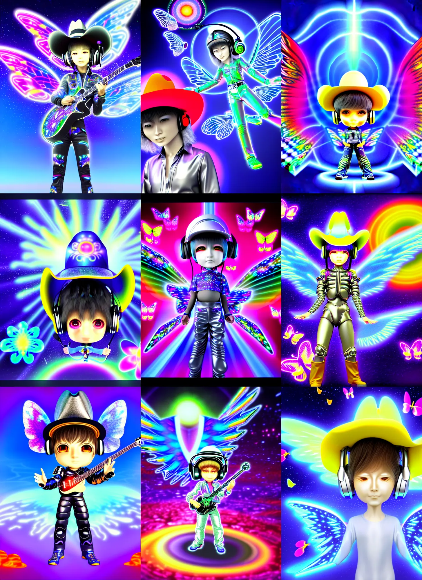 Prompt: lightwave silicon graphics render by ichiro tanida of shiny wet chibi cyber knight wearing headphones and a big cowboy hat and wearing angel wings against a psychedelic acid background with rendered butterflies and maya rendered flowers in the style of early three dimensional computer graphics, sgi iris graphics