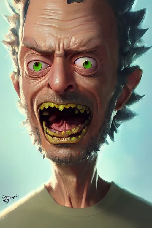 Prompt: Highly detailed portrait painting of Rick from Rick and Morty, Greg Rutkowski