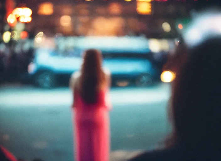 Image similar to a 3 5 mm photo from the back of a woman watching a parade, splash art, movie still, bokeh, canon 5 0 mm, cinematic lighting, dramatic, film, photography, golden hour, depth of field, award - winning, anamorphic lens flare, 8 k, hyper detailed, 3 5 mm film grain