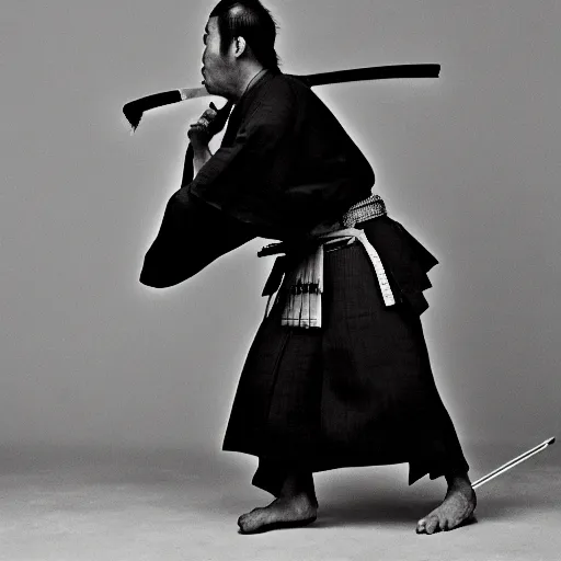 Prompt: a portrait of an action shot of a samurai