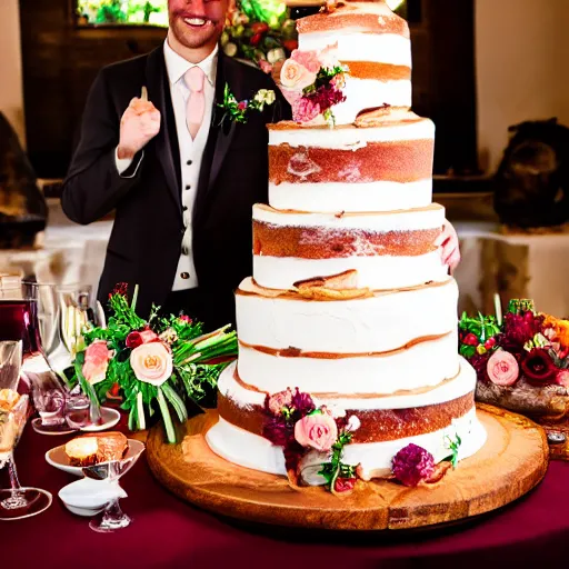 Image similar to a wedding cake made of bacon, professional food photo, bride and groom on top of the wedding cake,