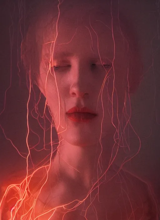 Prompt: rgb wires, portrait, woman, bedroom full of fire, rage, cinematic, movie scene, inspired by zdzislaw beksinski, clothes made out of veins,, cables everywhere, bedroom, ultra realistic, concept art, intricate details, highly detailed, photorealistic, octane render, 8 k