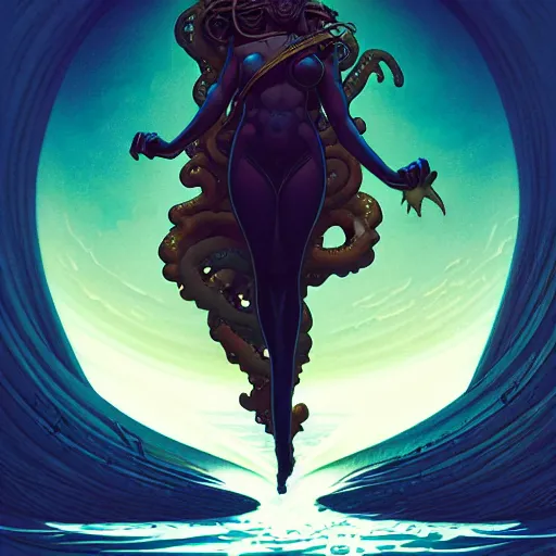 Prompt: in the style of Steve Niles, Joshua Middleton, Peter Mohrbacher and artgerm, Chtulhu rising from the water staring at a boat, Lovecraftian, ocean, night, storm, lighting, terror, horror