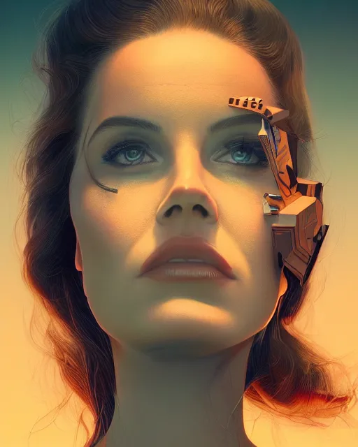 Image similar to portrait of lana del rey as a cyborg. intricate abstract. intricate artwork. by tooth wu, wlop, beeple, dan mumford. dune by david lynch, octane render, trending on artstation, greg rutkowski very coherent symmetrical artwork. cinematic, hyper realism, high detail, octane render, 8 k, iridescent accents