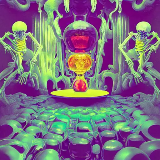 Prompt: jelly rococo gel skeleton vapuing plasma and colorful auras, liquid, drippy, misty, scifi 3 d paint spray by beeple, fernando botero, jeff koons, ivan shishkin, m. c. escher