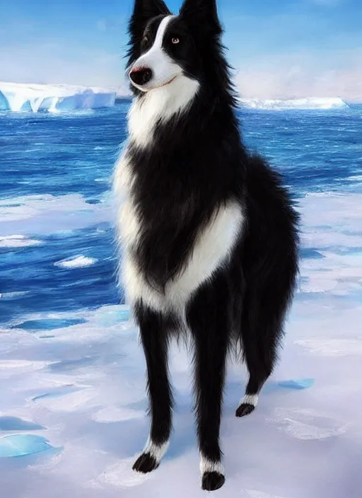 Image similar to beautiful portrait of a cute male anthropomorphic border collie fursona wearing a swimsuit in antarctica. character design by charlie bowater, henry asencio, and ross tran. scenic background, detailed, glamor pose, aesthetic, trending on artstation, top rated on furaffinity and deviantart