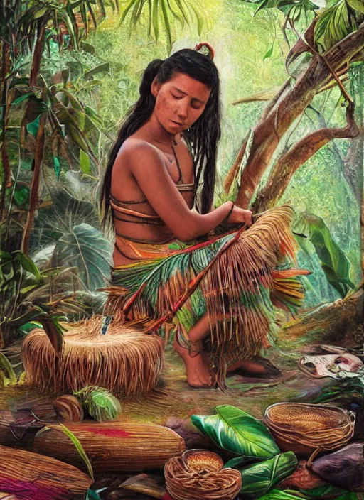 Image similar to a beautiful painting of a young indigenous female crafting a fabric in the jungle, realistic face, ayahuasca, fantasy art style, matte painting, highly detailed