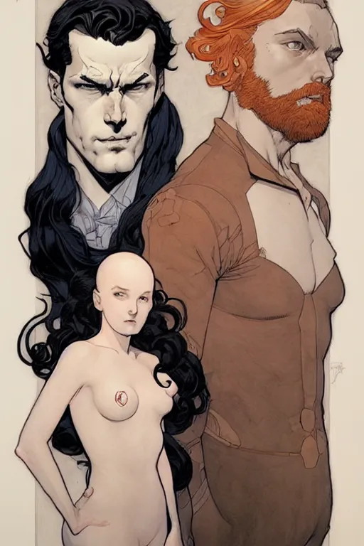 Image similar to artwork by James Jean, Phil noto and Rebecca guay of a handsome man and a beautiful woman back to back