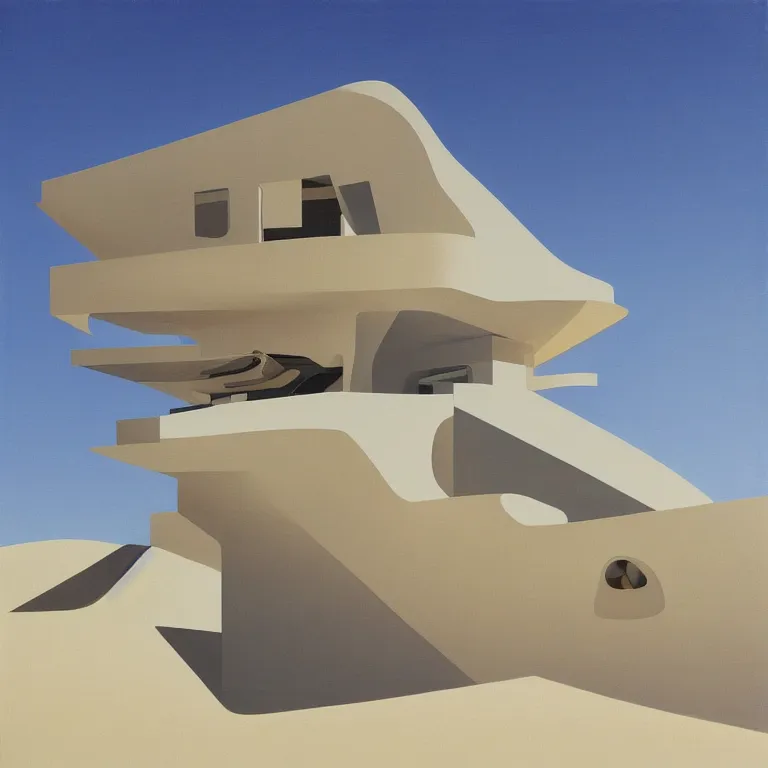 Image similar to Zaha Hadid architecture building in a desert, painted by Edward Hopper, painted by James Gilleard, airbrush