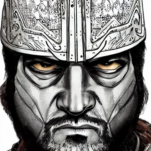 Image similar to a close up portrait of Sultan Saladin, art station, highly detailed, concept art, sharp focus, illustration in pen and ink, wide angle, by Kentaro Miura