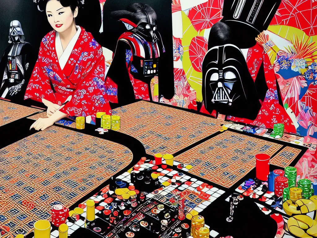 Image similar to hyperrealism composition of the detailed woman in a japanese kimono sitting at an extremely detailed poker table with darth vader, fireworks on the background, pop - art style, jacky tsai style, andy warhol style, acrylic on canvas