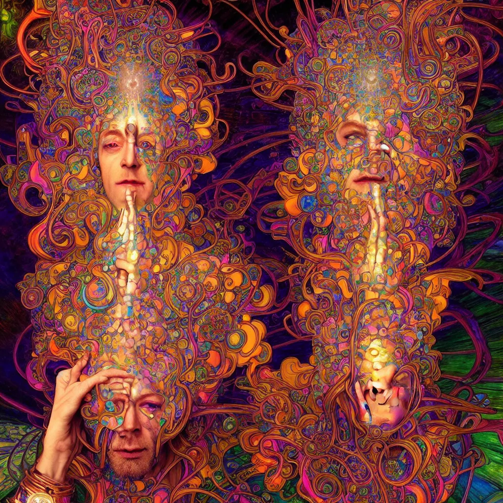 Image similar to bright psychedelic dr hoffman playing with god while tripping on lsd, diffuse lighting, fantasy, intricate, elegant, highly detailed, lifelike, photorealistic, digital painting, artstation, illustration, concept art, smooth, sharp focus, art by John Collier and Albert Aublet and Krenz Cushart and Artem Demura and Alphonse Mucha