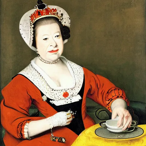 Prompt: the Queen of the United Kingdom as a Shiba Inu drinking her warm coffee on her throne, portrait by Frans Hals n- 4