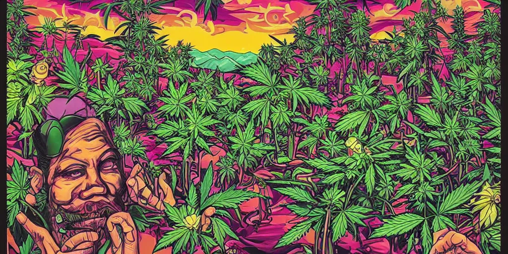 Image similar to cannabis paradise in lowbrow art style