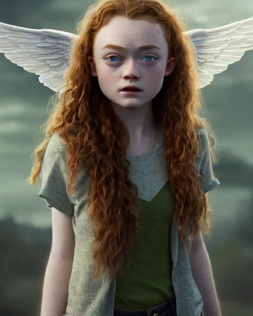 Image similar to Full body potrait of sadie sink as an angel, hyper realistic, prismatic highlights, atmosphere, gorgeous, depth of field, cinematic, macro, concept art, 50mm, artstation, wlop, elegant, epic, weta digital, focus, octane render, v-ray, 8k, kodak portra, art by Liberatore