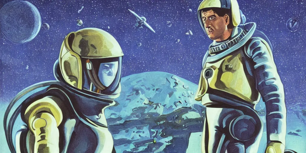 Prompt: a portrait of stallone in spacesuit on roof over field forrest spaceship station landing laying lake artillery outer worlds in FANTASTIC PLANET La planète sauvage animation by René Laloux