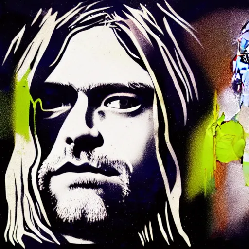 Image similar to graphic illustration, creative design, kurt cobain, biopunk, francis bacon, highly detailed, hunter s thompson, concept art, mixed media