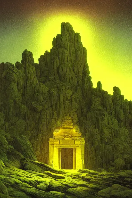 Image similar to yellow glowing ancient temple, green hills, star trails, dramatic lighting, artstation, matte painting, caspar david friedrich, ralph mcquarrie