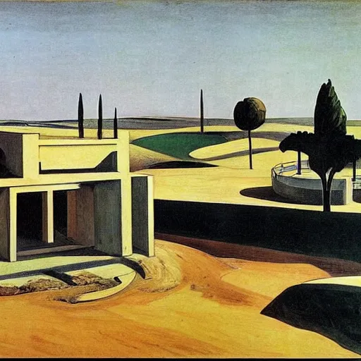 Prompt: kibbutz ein harod ihud in israel by giorgio de chirico and edward hopper