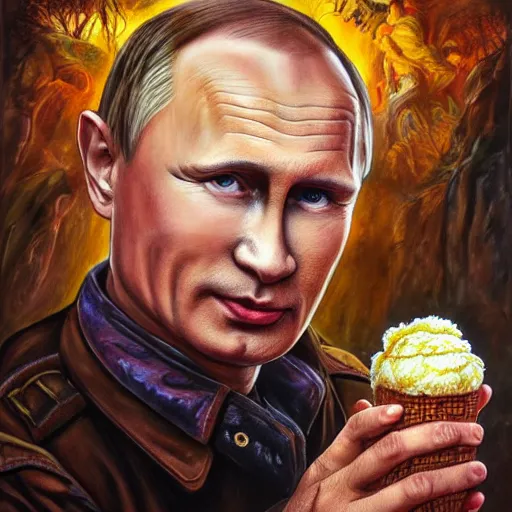 Prompt: portrait of ( ( ( vladimir putin ) ) ) inapocalyptic russia with icecream, hyperrealistic, digital concept art, sharp focus, 3 5 mm film, caricature illustration, art by magic realism, art by josephine wall, art by huang guangjian, art by viktoria gavrilenko, art by amanda sage, trending on artstation