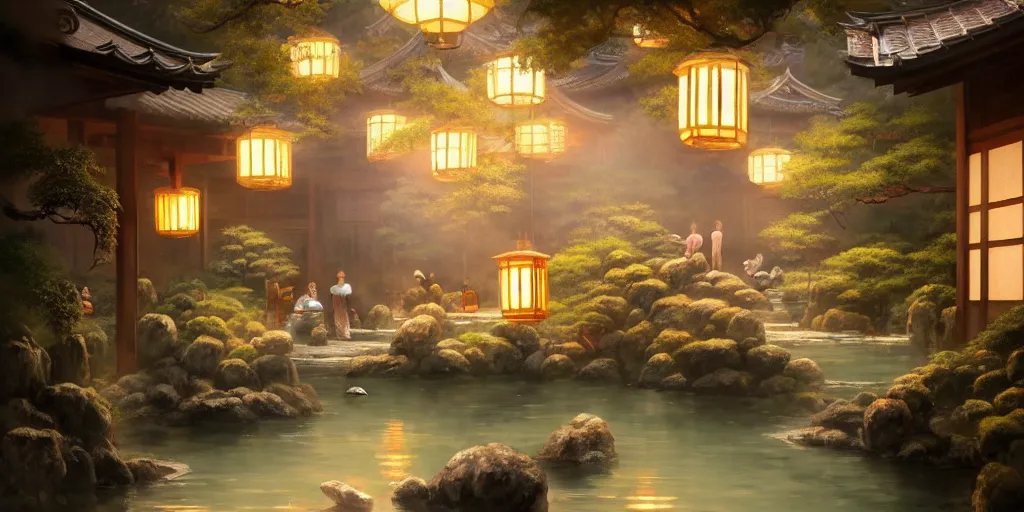 Prompt: painting of private magical onsen next to japanese inn with levitating lanterns and dragon spirits by greg rutkowski craig mullins ross tran cozy hot springs bonsai zen garden steamy flowers japanese motifs concept art clear focus fantasy d & d cinematic lighting unreal engine lumen trending on artstation