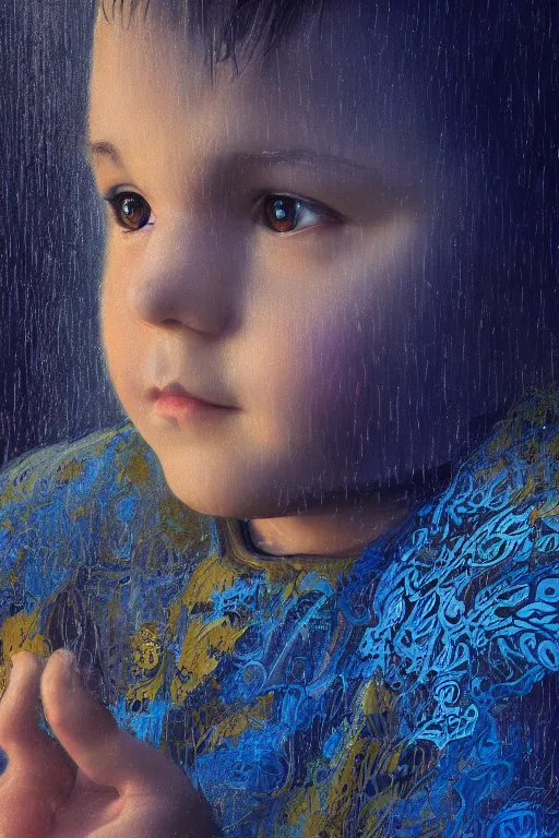 Image similar to little boy, close - up portrait, the portrait is decorated with blue and gold art deco patterns, powerfull, intricate, elegant, volumetric lighting, scenery, digital painting, highly detailed, artstation, sharp focus, illustration, concept art, ruan jia, steve mccurry