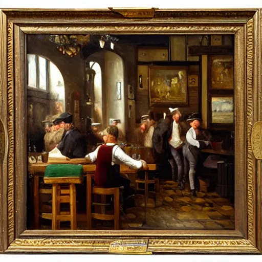 Image similar to English pub, inside, people drinking beer, 1800's, oil painting