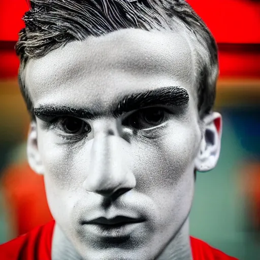 Image similar to “ a realistic detailed photo of a guy who is an attractive humanoid who is half robot and half humanoid, who is a male android, soccer player antoine griezmann, shiny skin, posing like a statue, blank stare, at the museum, on display ”