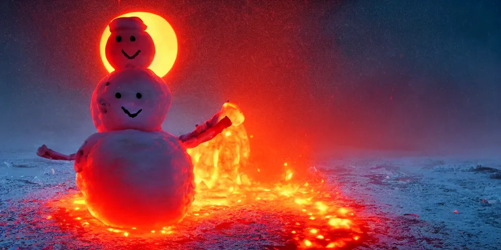 Image similar to a melted glowing snowman melting on top of the sun. the ground is made of fire and lava and is glowing orange. cinematic, dramatic, epic, volumetric lighting, atmospheric, red, orange extremely coherent, 8 k, space, warm, blade runner 2 0 4 9