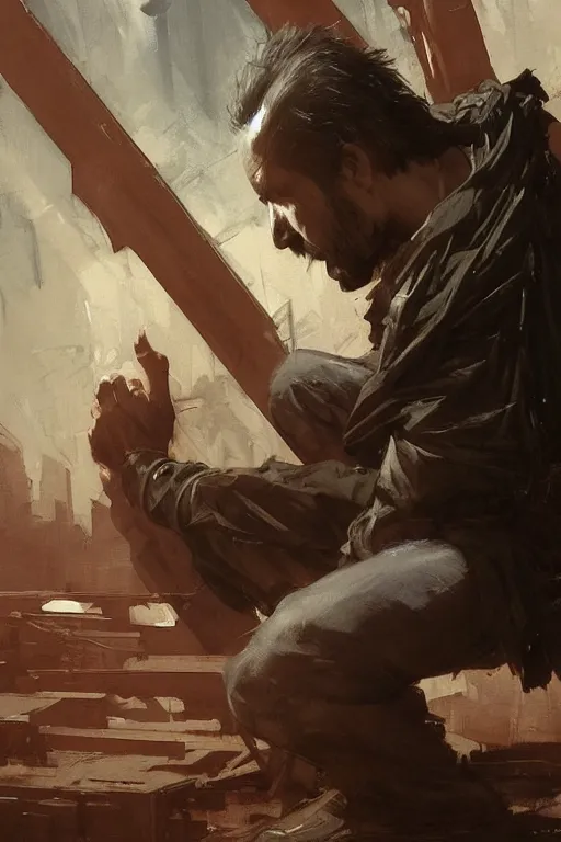 Image similar to man kneeling at the foot of a wooden cross, dramatic lighting art by Yoji Shinkawa by Richard Schmid by greg rutkowski by Sandra Chevrier by Jeremy Lipking cinematic dramatic, by frank miller, illustration by Ruan Jia and Mandy Jurgens and William-Adolphe Bouguereau, Artgerm, 4k, digital art, surreal, space dandy style, highly detailed, godsend, artstation, digital painting, concept art, smooth, sharp focus, illustration by Ruan Jia and Mandy Jurgens and William-Adolphe Bouguereau, Artgerm