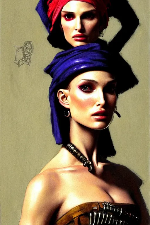 Image similar to character portrait cyberpunk warhammer 4 0 k, natalie portman as the girl with the pearl earring character design, painting by gaston bussiere, katsuya terada, frank frazetta, tom of finland, trending on artstation