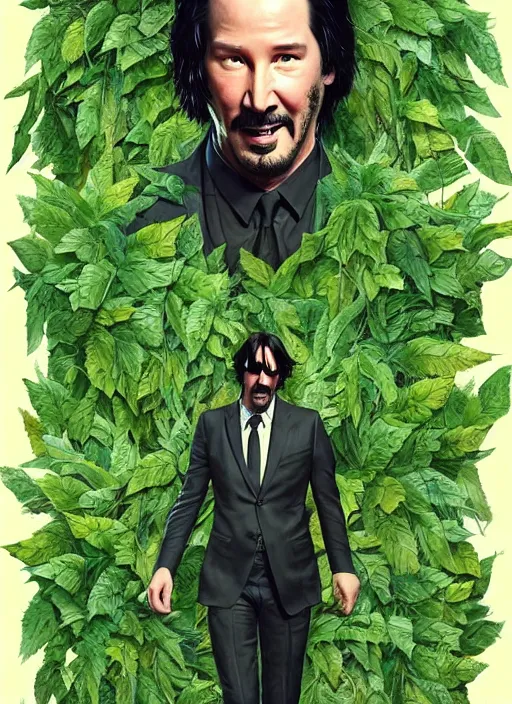 Image similar to highly detailed comedy caper movie poster with silly wacky zany keanu reeves as a sentient pile of leaves, keanu reeves green face as tree sentient leafy bush, falling through a leafy mind chasm by greg rutkowski, masterpiece, really funny, 1 0 / 1 0 comedy