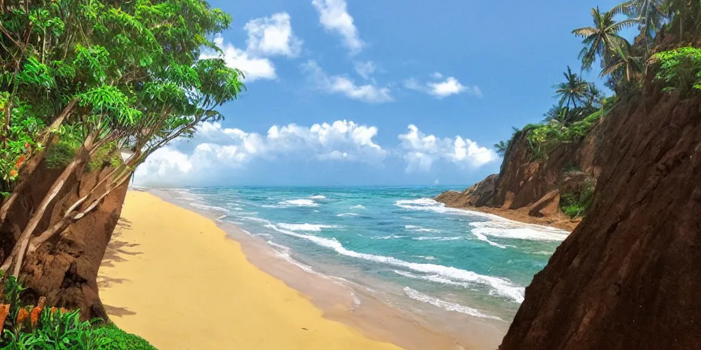 Image similar to sri lankan beach, rule of thirds, drawn by hayao miyazaki