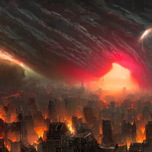 Image similar to movie still of a black hole destroying the city, part of buildings flying into the black hole, post apocalypse, epic art, highly detailed, art by marc simonetti, jonathan solter 4 k