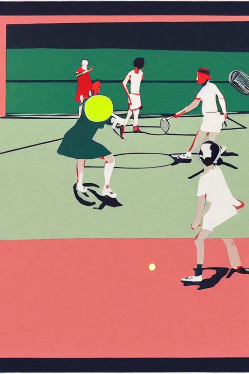 Image similar to an illustration of a tennis match by Marcel Dzama, Oliver Jeffers, and Edward Hopper. Screen Printed. Paper texture