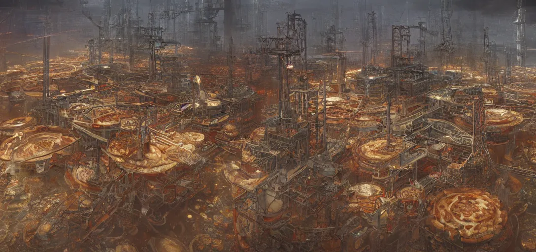 Image similar to an oil rig where the floor is made of pizza, 80s style, intricate, hyper detailed, 8k, james gurney, greg rutkowski, john howe, artstation