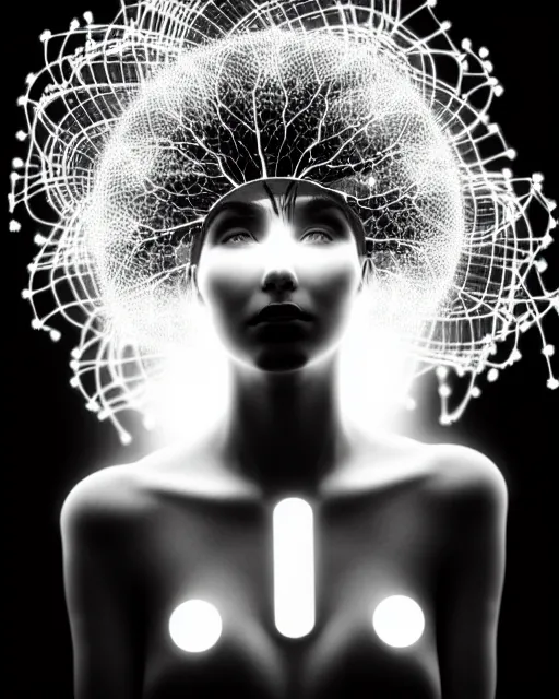 Prompt: black and white dreamy spiritual connected young female cyborg - plant goddess high quality photo, microchip, artificial intelligence, bio - mechanical bio - luminescence, black wired cables, neurons, nerve cells, cinematic, rim light, photo - realistic, elegant, high detail, 8 k, masterpiece, high fashion