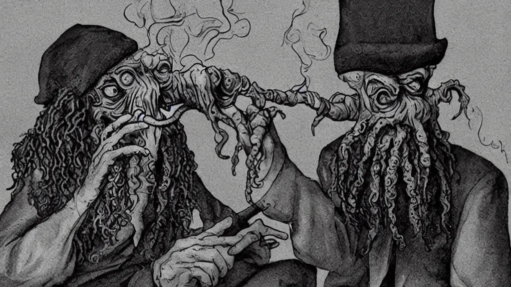 Image similar to an extremely drunk cthulhu smoking a joint in rastafari clothes