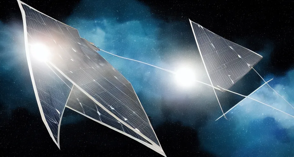 Prompt: solar sail, floating in space between the sun and earth, cartoon illustration