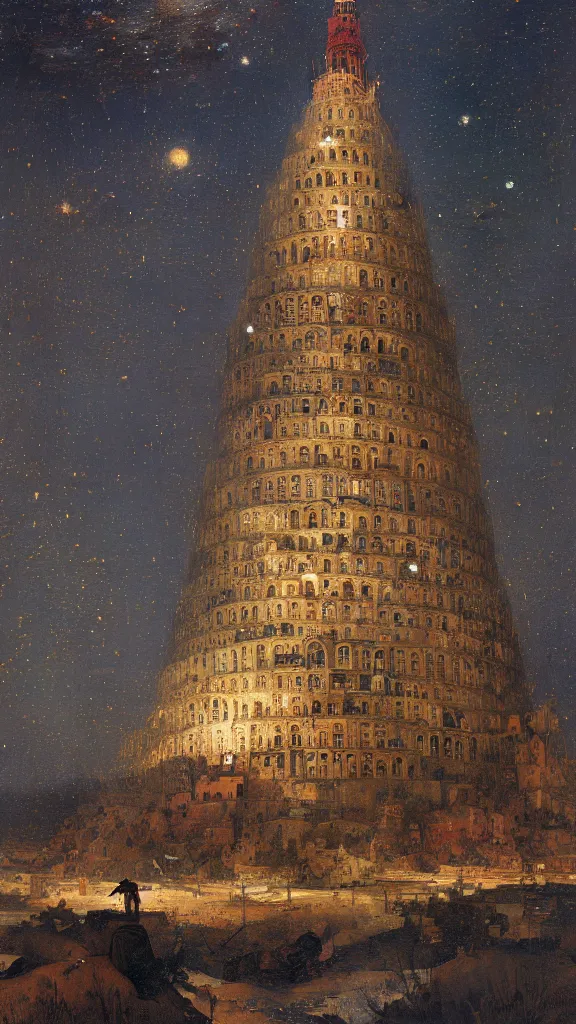 Image similar to a beautiful painting of bruegel's tower of babel, at night with a sky full of stars, intricate, elegant, highly detailed, digital painting, artstation, concept art, by krenz cushart and artem demura and alphonse mucha