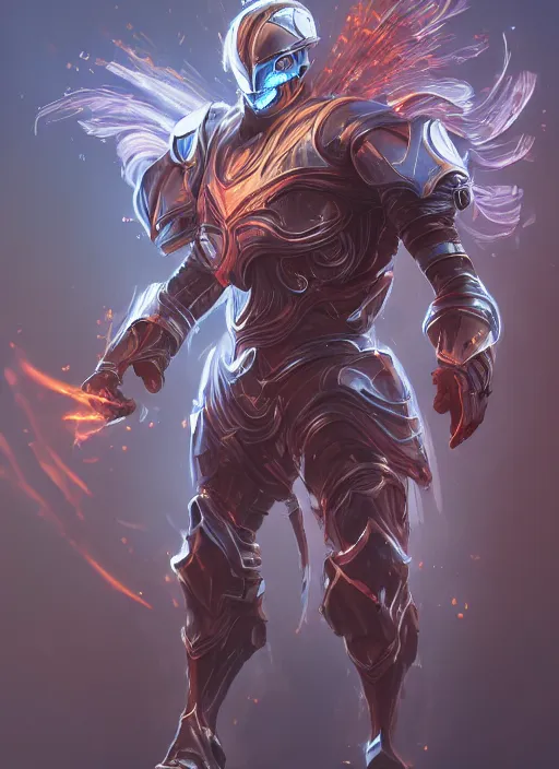 Image similar to a highly detailed illustration of futuristic cyber knight with flaming plume, glowing line cracks in armor, dramatic standing pose, intricate, elegant, highly detailed, centered, digital painting, artstation, concept art, smooth, sharp focus, league of legends concept art, WLOP