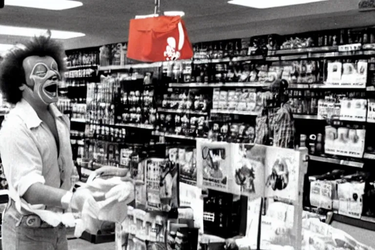 Image similar to a still ronald mcdonald shoplifting from a grocery store in the tv show the a - team, vcr recording