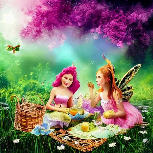 Image similar to fairies having a picnic in a heavenly meadow