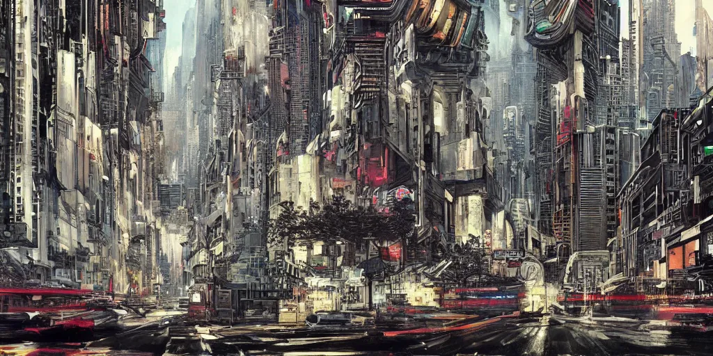 Prompt: cinematic high contrast graphic illustration of hyper detailed highway realistic street, cyborg walking in an afro futurist city block sky scrapers by frank lloyd wright architect, bill sienkiewicz, plants growing from buildings wide angle, insanely detailed and intricate