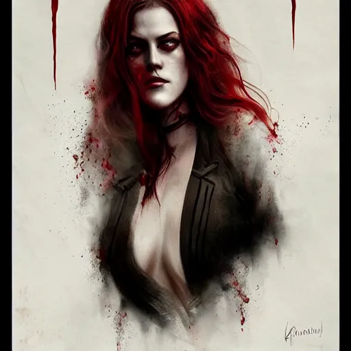 Prompt: portrait of beautiful riley keough as a vampire in bloody business suit, blood red eyes, fantasy, intricate, elegant, highly detailed, by greg rutkowski, cinematic movie poster