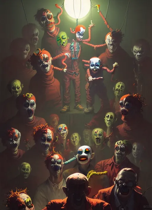 Image similar to masterpiece concept art, neon scary clowns, by greg rutkowski and geof darrow, 8 k, intricate detail, cinematic lighting